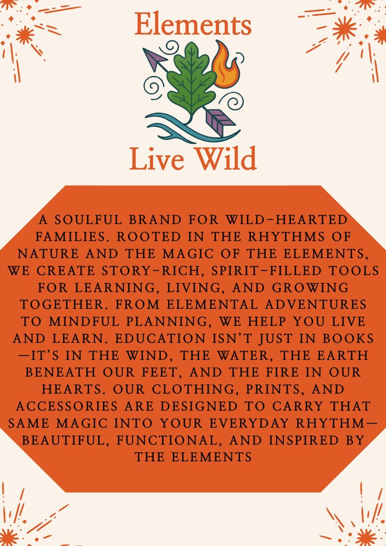 Puede incluir: Gr&aacute;fico color crema con el texto "Elements" y "Live Wild". El dise&ntilde;o incluye una hoja, una flecha, una llama y elementos de agua. El texto describe una marca para familias.