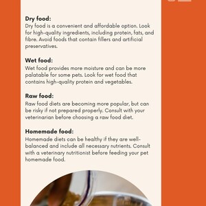 Puede incluir: Una p&aacute;gina informativa sobre los diferentes tipos de alimentos para mascotas: secos, h&uacute;medos, crudos y caseros. El texto est&aacute; sobre un fondo blanco con una barra lateral naranja. Se muestra un cuenco de comida para mascotas en la parte inferior.