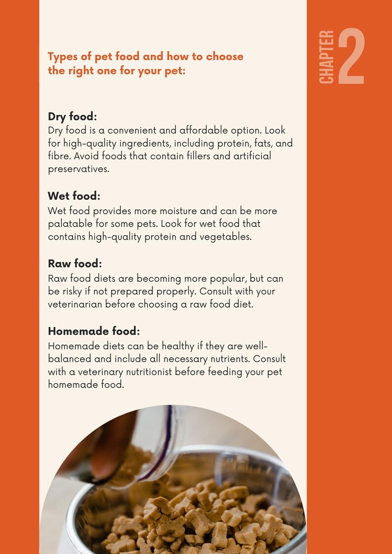 Puede incluir: Una p&aacute;gina informativa sobre los diferentes tipos de alimentos para mascotas: secos, h&uacute;medos, crudos y caseros. El texto est&aacute; sobre un fondo blanco con una barra lateral naranja. Se muestra un cuenco de comida para mascotas en la parte inferior.