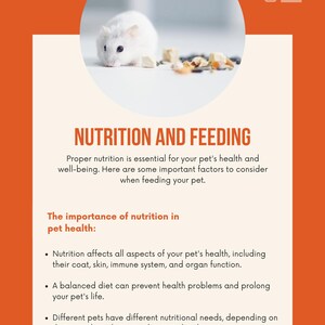 Puede incluir: Un h&aacute;mster blanco cerca de comida sobre una superficie blanca, presentado en una imagen circular. La imagen es parte de un cap&iacute;tulo de libro titulado "NUTRICI&Oacute;N Y ALIMENTACI&Oacute;N" con texto sobre la salud y nutrici&oacute;n de las mascotas.