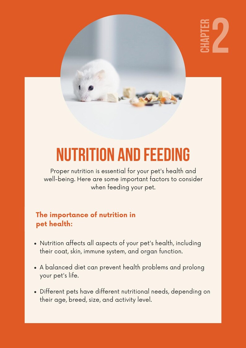Puede incluir: Un h&aacute;mster blanco cerca de comida sobre una superficie blanca, presentado en una imagen circular. La imagen es parte de un cap&iacute;tulo de libro titulado "NUTRICI&Oacute;N Y ALIMENTACI&Oacute;N" con texto sobre la salud y nutrici&oacute;n de las mascotas.