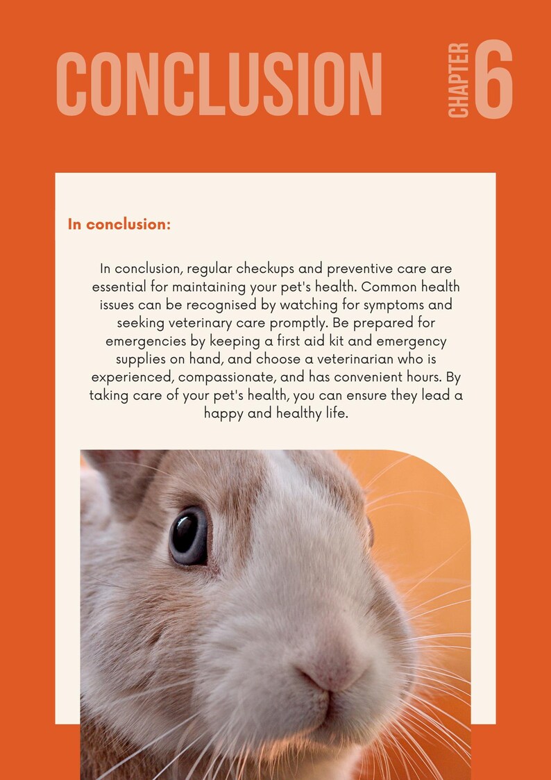 Puede incluir: Una portada de libro naranja y blanca con la palabra &laquo;CONCLUSION&raquo; en la parte superior. El cap&iacute;tulo 6 est&aacute; en la esquina superior derecha. La imagen incluye un primer plano de un conejo y texto sobre la salud de las mascotas.