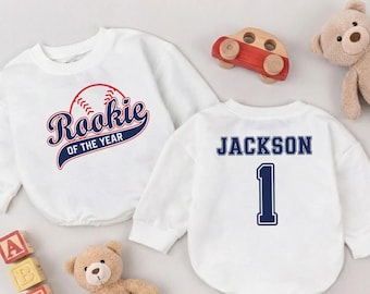 Rookie of the Year 1st Birthday Baseball Baby Outfit, Personalized Baseball Game Day Baby Romper, Game Day Birthday Baby Outfit Gift