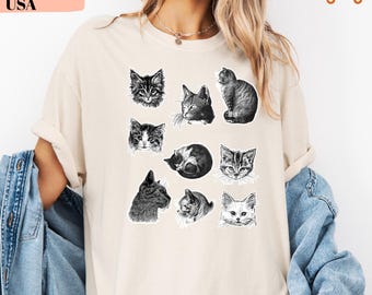 Cats 90s Vintage Tattoo Style Tshirt, Retro Comfort Colors® Y2k Kitten Shirt, Cat Lovers Gift, Cute Cat Shirts,Nature Unisex Adult Pet Shirt
