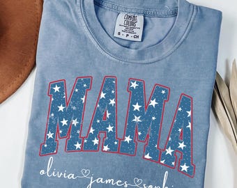 Personalized Patriotic Mama Shirt with Kids Names, Custom American Flag Mother Gift, Comfort Colors Fourth of July Mom Tee.