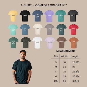 Puede incluir: Una selecci&oacute;n de camisetas Comfort Colors 1717 en varios colores, como mantequilla, negro, azul vaquero y violeta. La imagen tambi&eacute;n incluye una tabla de tallas con medidas en cm para ancho y largo.