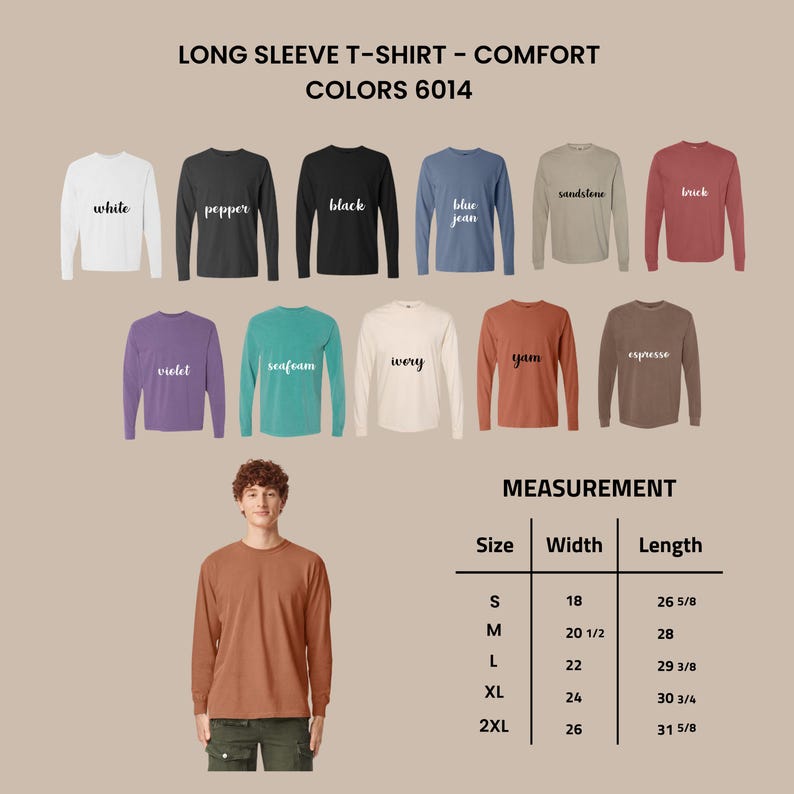 Puede incluir: Imagen de camisetas de manga larga en varios colores, como blanco, negro y azul vaquero. Se incluye una tabla de tallas con medidas en cm para el ancho y el largo. El texto dice 'LONG SLEEVE T-SHIRT - COMFORT COLORS 6014'.