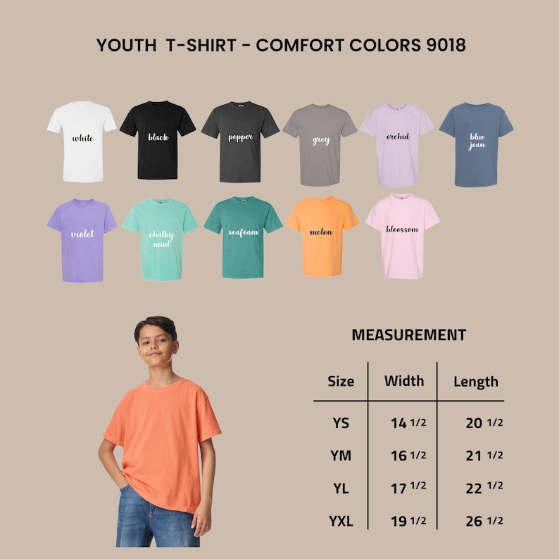 Puede incluir: Exhibici&oacute;n de camisetas juveniles en varios colores, incluyendo blanco, negro y azul vaquero. Una persona lleva una camiseta color mel&oacute;n. Se proporcionan medidas, con anchos que var&iacute;an de 36,8 a 49,5 cm.
