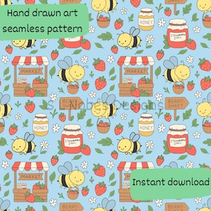 Mercado de mermelada de miel de abeja, patrón sin costuras, patrón digital repetitivo, papel imprimible, ropa, cortinas, decoración del hogar, ropa de mujer, álbum de recortes