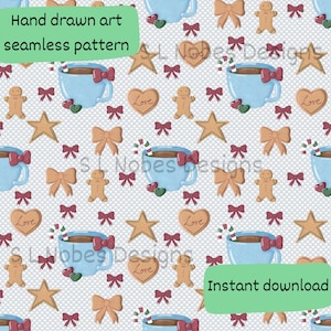 Puede incluir: Un patrón sin costuras con tazas de chocolate caliente azul claro, hombres de jengibre, galletas en forma de estrella y caramelos en forma de corazón. El texto dice "Hand drawn art seamless pattern" y "Instant download".