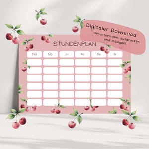 Könnte beinhalten: Ein rosa Wochenplaner mit Rasterlayout, verziert mit Aquarell-Kirschillustrationen. Der Planer enthält die Wochentage und das Wort "Zeit". Ein rosa Banner liest "Digitaler Download" und "Herunterladen, ausdrucken und loslegen!"