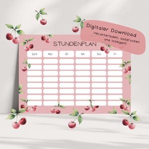 Könnte beinhalten: Ein rosa Wochenplaner mit Rasterlayout, verziert mit Aquarell-Kirschillustrationen. Der Planer enthält die Wochentage und Zeitfenster, mit dem deutschen Wort "STUNDENPLAN" oben. Ein digitaler Download wird beworben.
