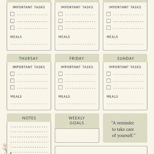 Könnte beinhalten: Ein Wochenplaner mit cremefarbenem Hintergrund und grünen Akzenten. Der Planer ist in Abschnitte für jeden Wochentag unterteilt, mit Platz für Aufgaben und Mahlzeiten. Enthält einen Abschnitt für Notizen und Wochenziele.