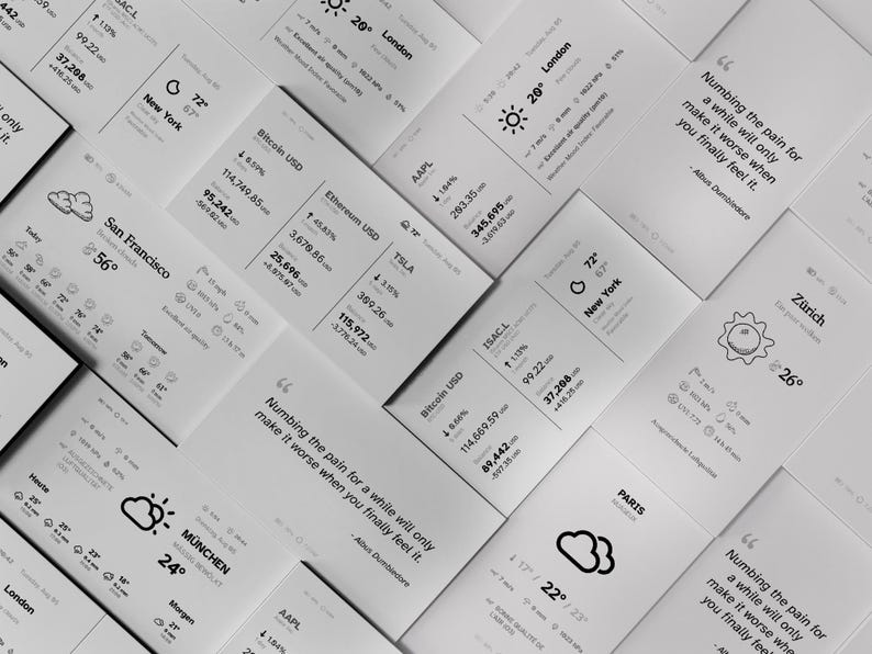 K&ouml;nnte beinhalten: Anordnung wei&szlig;er Karten mit Wettervorhersagen und Finanzdaten, darunter Bitcoin- und Ethereum-Kurse. Einige Karten zeigen Zitate, Wettersymbole und St&auml;dtenamen wie M&uuml;nchen und Z&uuml;rich.