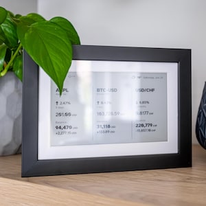 Könnte beinhalten: Ein schwarz gerahmtes digitales Display mit Finanzdaten, einschließlich Aktienkurse und Wechselkurse. Der Bildschirm zeigt Informationen zu Apple Inc., Bitcoin und USD/CHF an. Eine grüne Pflanze ist teilweise im Hintergrund zu sehen.