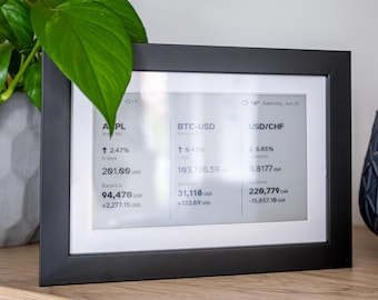 Bitcoin Live-Ticker | Krypto, Aktien & ETF E-Ink Display | Schwarzer Holzrahmen