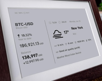 Ticker bourse E-Ink WiFi | Crypto, Forex et ETF | Cadre en bois brun