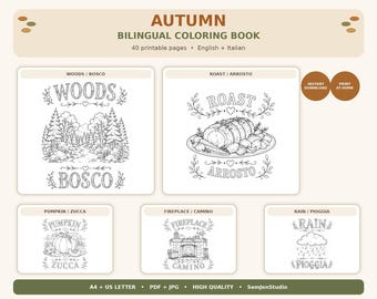 Autumn Coloring Book for Adults – 40 Bilingual Italian English Coloring Pages – Cozy Fall Printable – Instant Digital Download