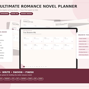 Op de afbeelding: Een digitale planner voor liefdesromans op een scherm, met secties voor verhaal, tropes, personages en plotstructuur. De interface bevat lijsten met tools zoals Trope Cocktail en Chemistry Lab, uitgevoerd in een donkerrode en lichtroze kleurenschema.