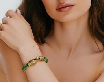 Beaded Snake Bracelet - Multiple colors. Handmade Serpent with Metal Head Clasp.