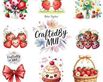 Jagodowy słodki clipart akwarela truskawka stokrotka PNG idealny na pierwsze urodziny jagodowe baby shower z kokardkami w kształcie cyfr i czerwoną wstążką