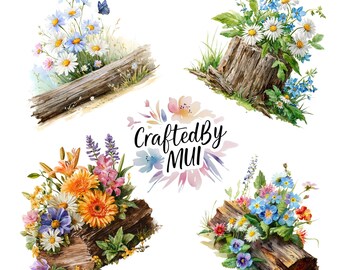 16 PNG Wildflowers On Log Clipart, Watercolor Floral, Printable Flower, Junk Journal Art, Transparent Background, Instant Digital Download