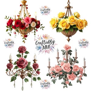 24 Floral Lamp Clipart | Luxury Chandelier Watercolor PNGs | High-Quality Printable Digital Download for Junk Journals & Crafts