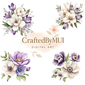 Pacchetto di clipart floreali ad acquerello viola con fiori rosa per download digitale, scrapbooking, diario di carta, artigianato e creazione di biglietti.