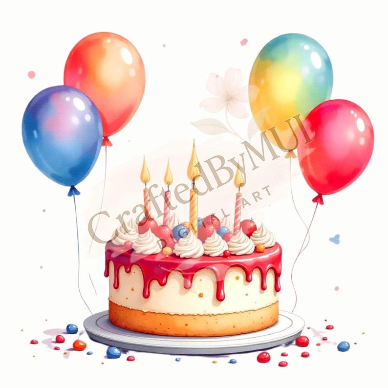 Watercolor Birthday Party Clipart Bundle Instant Download With Balloons ...