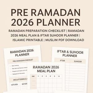 Puede incluir: Un conjunto de páginas de planificador imprimibles para el Ramadán 2026, que incluyen una lista de verificación de preparación, un plan de comidas y un planificador de Iftar y Suhoor. También incluye páginas de objetivos, gratitud y seguimiento de ibadah.