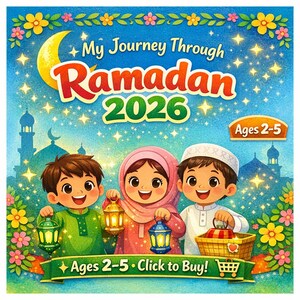 May include: A colorful illustration for children with the text "My Journey Through Ramadan 2026" and "Ages 2-5". Three smiling children hold lanterns, set against a background of a mosque, stars, and a crescent moon. The image has a shopping cart icon.