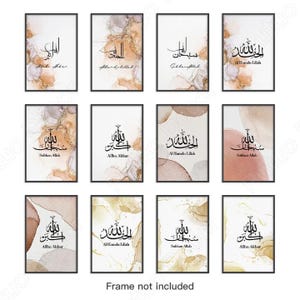 May include: A set of twelve framed art prints. Each print features black calligraphy on a white background with abstract watercolor designs in shades of brown, gold, and peach. The phrase "Frame not included" is at the bottom.