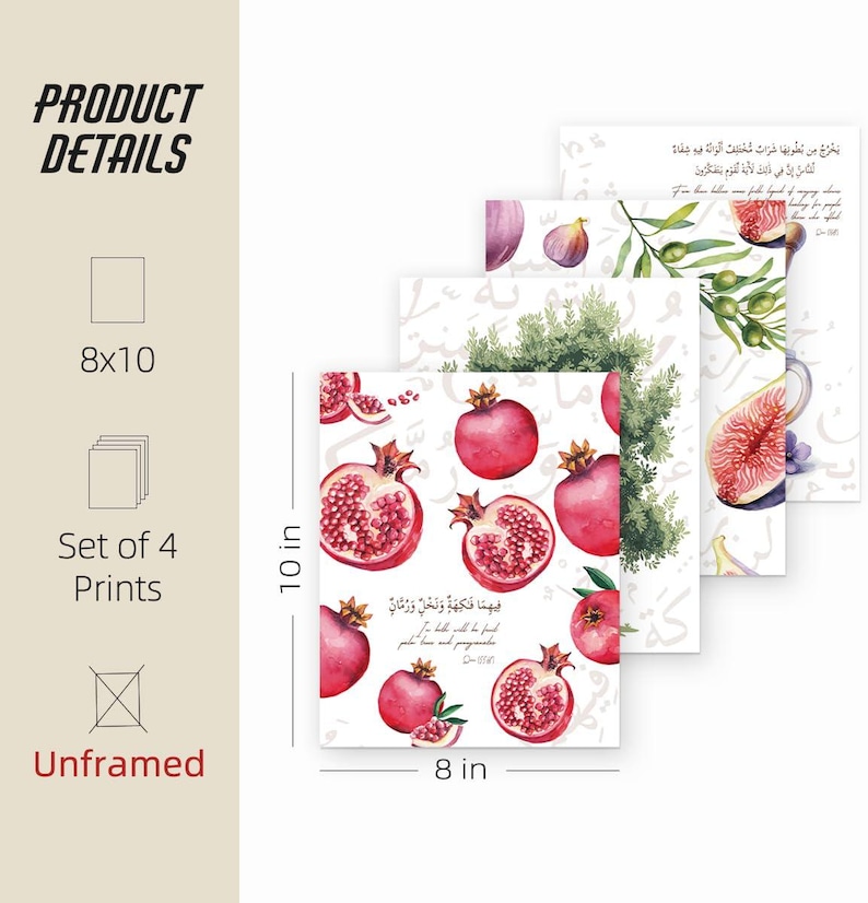 May include: Set of four unframed prints, each 8x10 inches. The prints feature watercolor illustrations of pomegranates, figs, and olive branches. The artwork includes Arabic script and botanical elements.