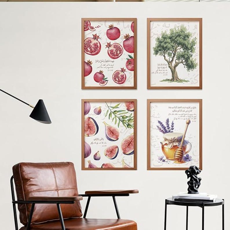 May include: Four framed art prints with botanical and food illustrations. The prints feature pomegranates, an olive tree, figs, and a honey pot with lavender. Each print has a wooden frame and includes text in a script font.