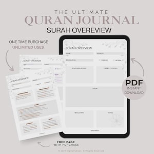 Pode incluir: Um diário digital do Alcorão com um modelo de visão geral da Surata exibido em um tablet e páginas impressas. O diário inclui seções para nome, versos, raciocínio, temas, reflexão e notas. O texto diz "The Ultimate Quran Journal Surah Overview" e "PDF Instant Download."