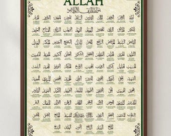 Islamic Wall Art 99 Names of Allah Printable, Asma Ul Husna Arabic Calligraphy with English Translation, Muslim Home Decor