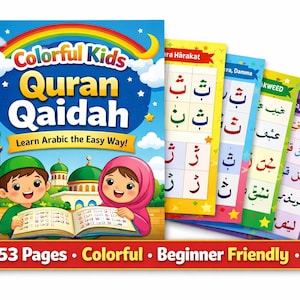 Może przedstawiać: Kolorowa książka dla dzieci zatytułowana "Colorful Kids Quran Qaidah" z tęczą i ilustracjami z kreskówek. Książce towarzyszy kilka kolorowych kart do nauki. Tekst na książce brzmi "Learn Arabic the Easy Way!" i "53 Pages. Colorful. Beginner Friendly."