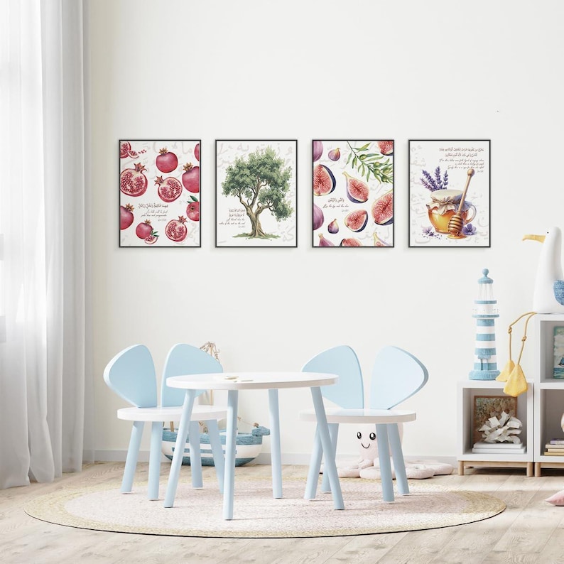 May include: Four framed art prints featuring botanical illustrations. The prints depict pomegranates, an olive tree, figs, and a honey pot with lavender. The prints are displayed above a small white table and light blue chairs.