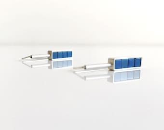 Mosaic Earrings - Blue Hematite Silver Earrings - Hematite Cube Beads - Rectangle Earrings - Blue Earrings - Hoop Earrings