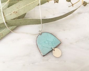 Teal enamel and matte finish silver necklace