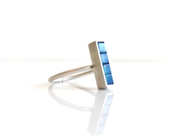 Mosaic adjustable ring - Blue Hematite Silver Ring - Hematite Cube Beads - Rectangle Ring - Blue Ring - Adjustable Ring