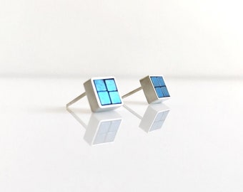 Mosaic Earrings - Blue Hematite Silver Earrings - Hematite Cube Beads - Square Earrings - Blue Earrings - Stud Earrings