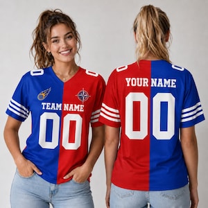 May include: A split-color jersey featuring a blue left side and red right side with white accents. The front displays a comet graphic, a compass emblem, the text TEAM NAME, and the number 00. The back shows YOUR NAME and the number 00.
