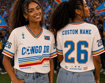 Camiseta de fútbol personalizada Leopards Congo DR, camiseta de fútbol Leopards Congo DR 2026, camiseta personalizada con nombre y número, regalo vintage para el día del partido.