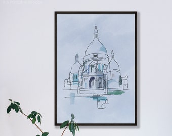 Sacré-Coeur Architecture Modern Line Drawing, Print from Home, Instant Digital Download, Abstract Organic Art Aquarelle Paris, Minimaliste