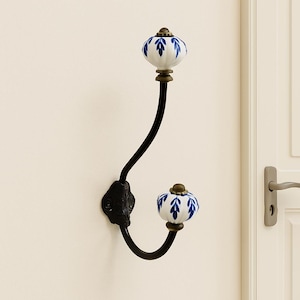 Handcrafted Blue, Green and White Ceramic Coat Hooks | Decorative Floral & Geometric Patterns, Wall-Mounted Hook Rack for Entryway Decor