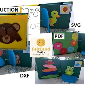 Puede incluir: Un libro de fieltro hecho a mano con varias ilustraciones coloridas. El libro presenta un oso, un pato, un erizo, una rana y otras formas. Los textos "INSTRUCTION", "SVG", "PDF" y "DXF" son visibles. El libro está diseñado con fines educativos.