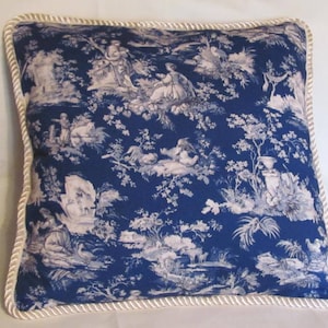 French Country Romantic Cottage Pillow Blue Ivory Provence Toile Waverly