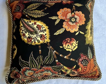 French English Country Cottage Garden Pillow Floral Black Tan Sage Blue Farm House