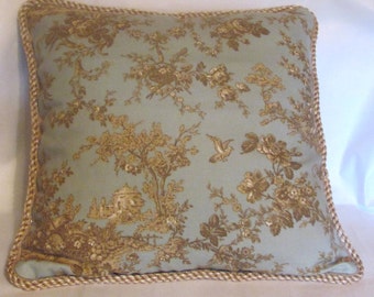 French Country Romantic Cottage Garden Pillow Paris Bistro Beige Blue Ivory Toile Farm